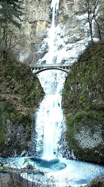 Frozen Multnomah Falls on the Oregon side of the Columbia River Gorge, USA