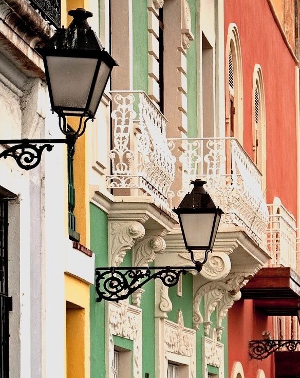 Lamps and balconies on brightly colored buildings, San Juan, Puerto Rico