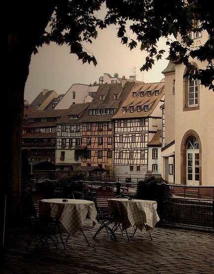 Streetside cafe tables in Strasbourg, France