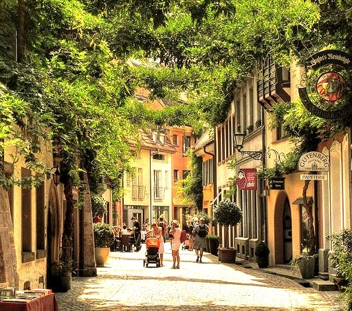 Street scene on Konviktstrasse in Freiburg, Germany