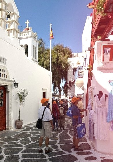 Shopping on the streets of Mykonos, Greece