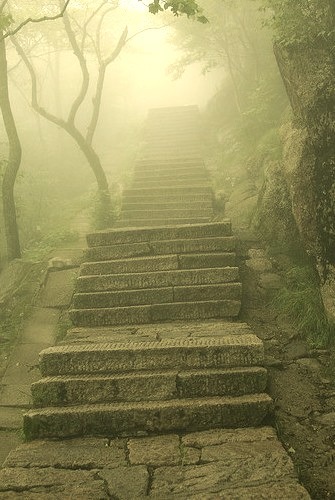 Stairways in the fog, Huang Shan, China