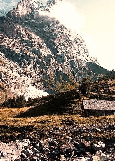 Mountain hut in Rosenlaui glacial valley, Switzerland